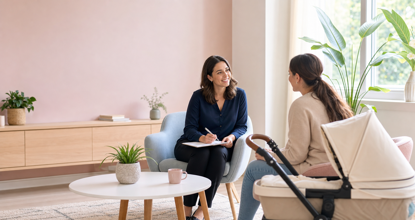 A family support practitioner speaking with a parent in a calm consultation room