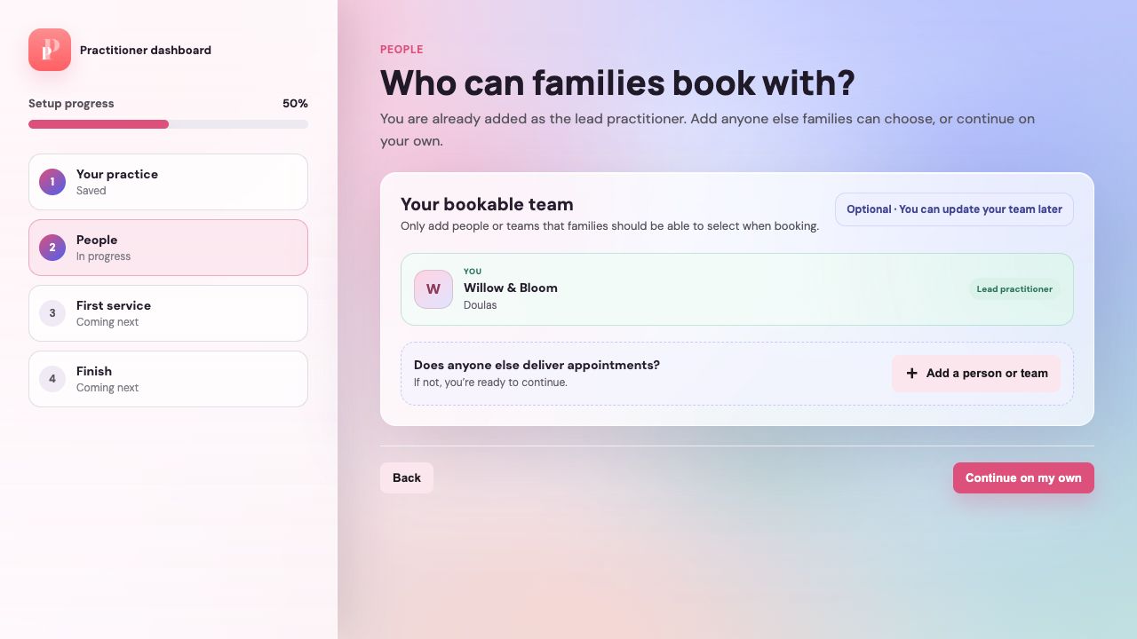 Decide who families can book with: practitioner dashboard example. The numbered instructions below explain the controls.