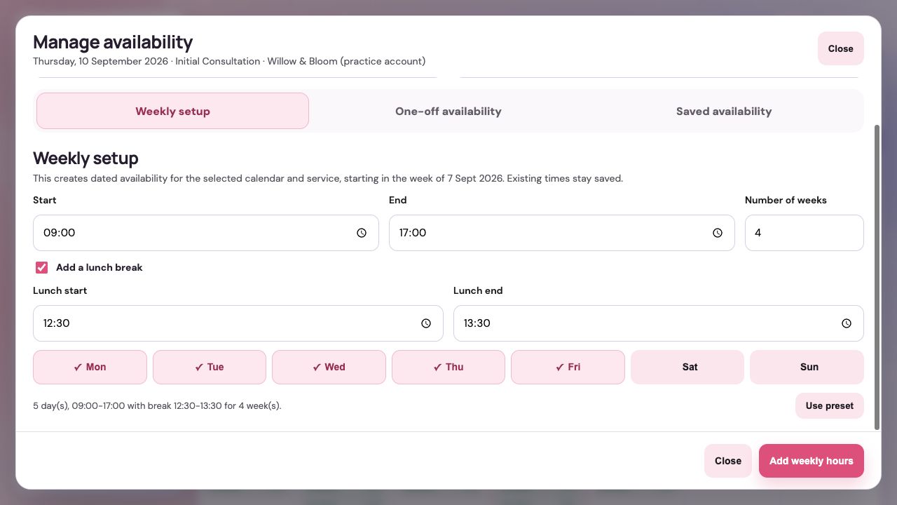 Check days, dates and the summary: practitioner dashboard example. The numbered instructions below explain the controls.