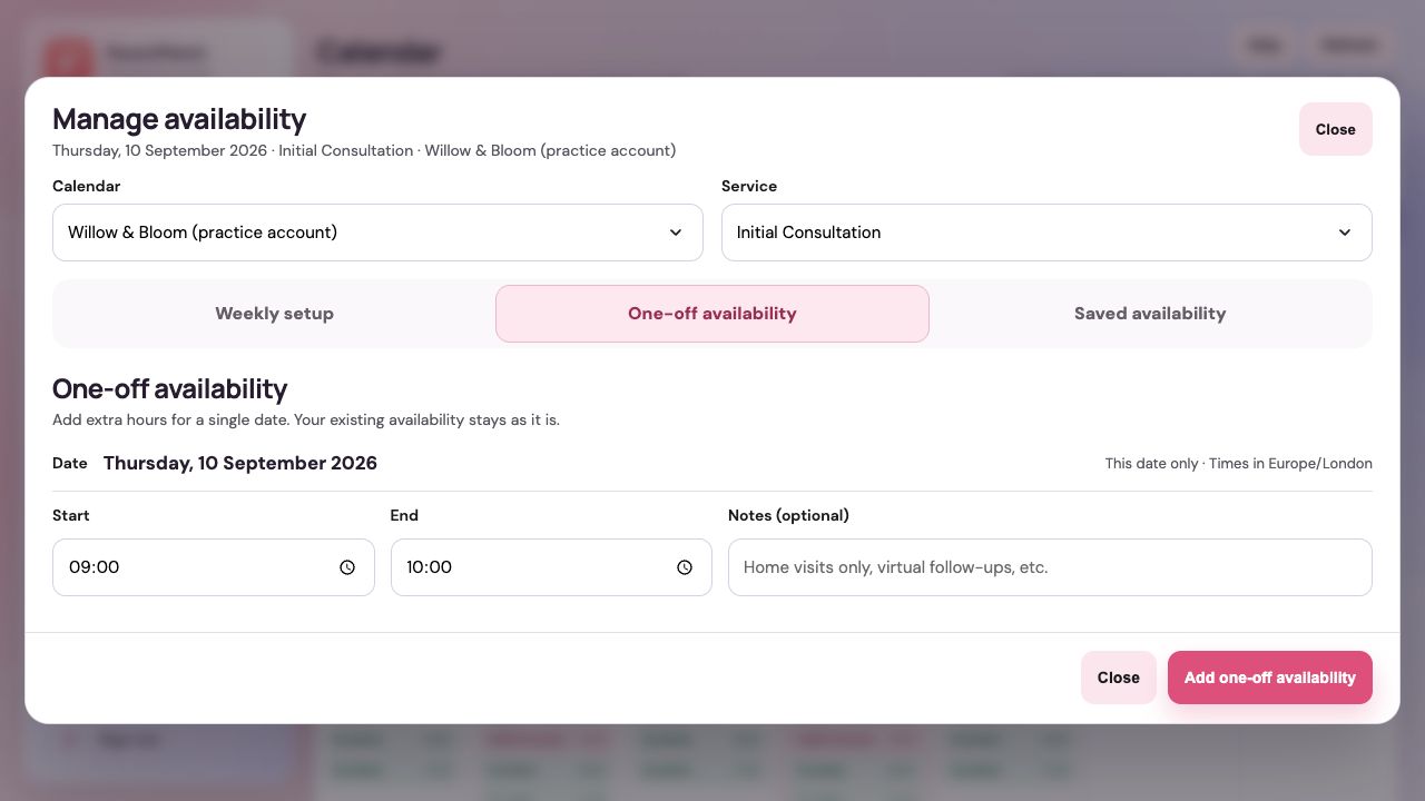 Add extra hours for one date: practitioner dashboard example. The numbered instructions below explain the controls.