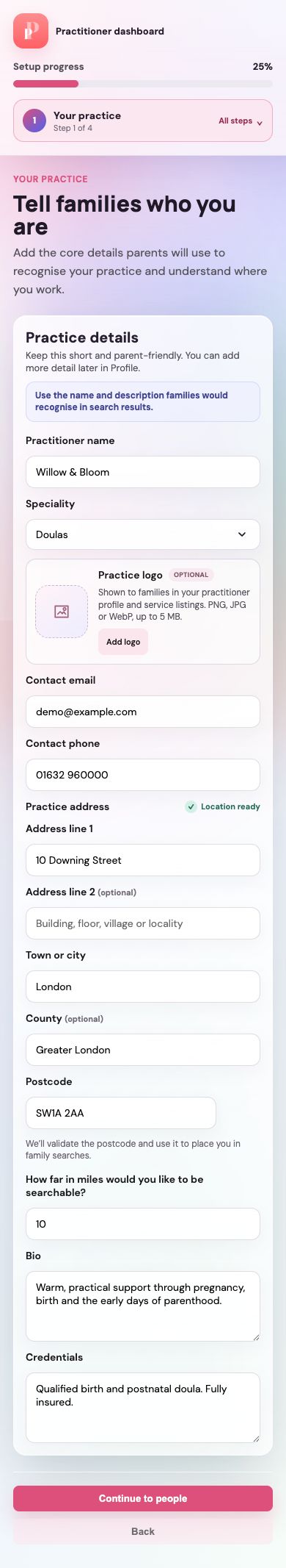 Complete your practice details on your phone: practitioner dashboard example. The numbered instructions below explain the controls.