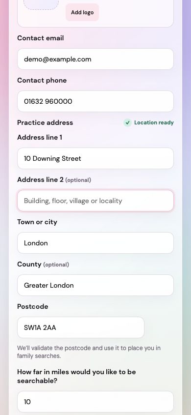 Check your address and search distance: practitioner dashboard example. The numbered instructions below explain the controls.